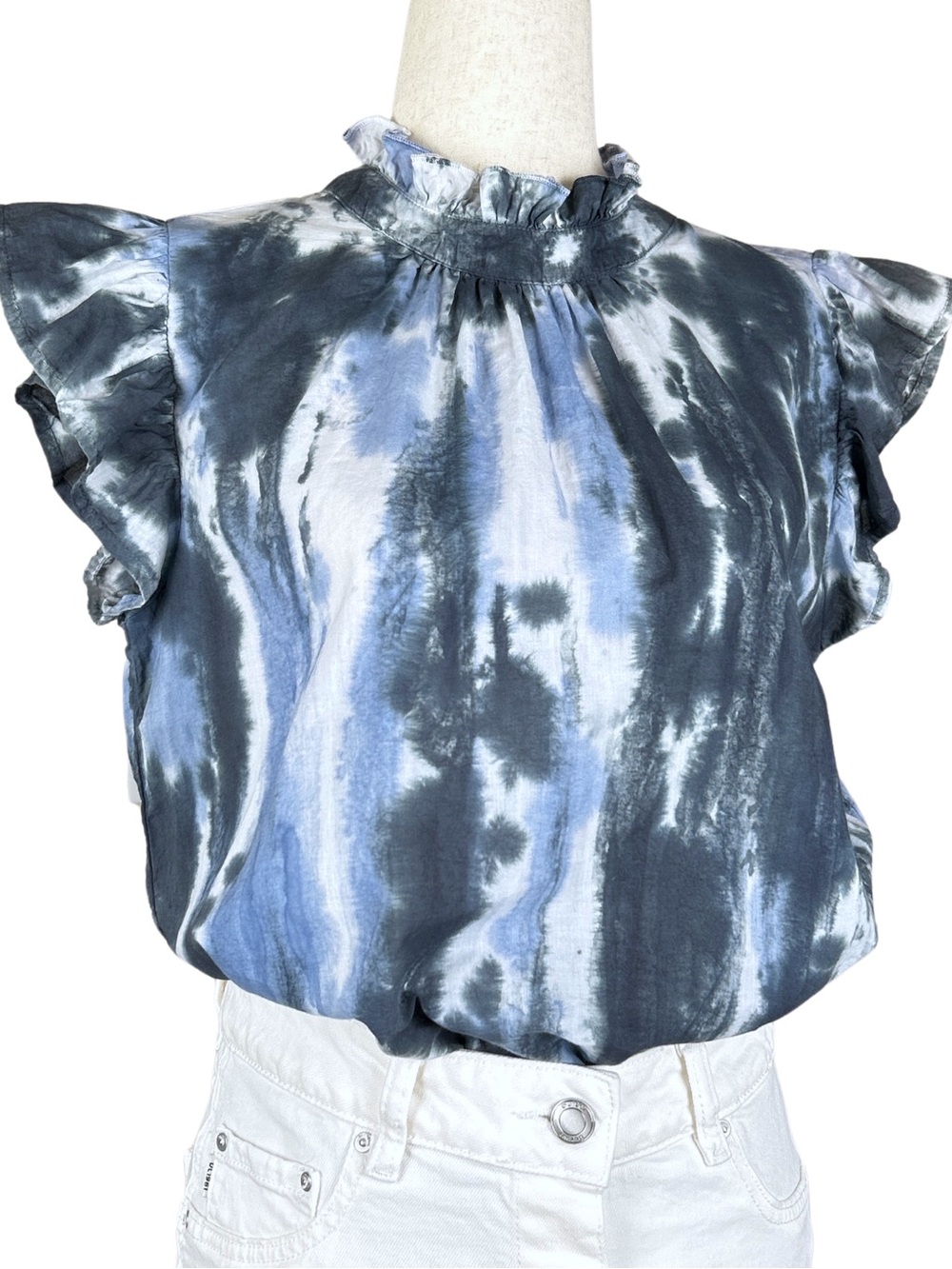 THML Tie-Dye Ruffle Dennis Cap Sleeve Cotton Blouse - S - Blue, White